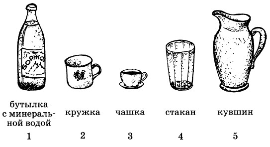 На столе стоят чашка стакан и три кувшина с кофе молоком и чаем